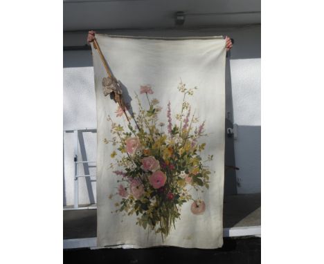 A floral painted linen panel, inscribed AR61, 191 x 118cm and a parasol with a wooden panel.