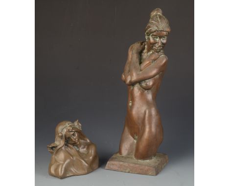 A bronzed resin figure of a naked lady, signed Alec Wiles, label to the underside inscribed 'Title Daphne Surprised', height 