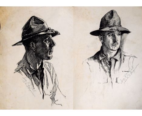 K Ward &amp; R Eadie, Portraits of WW1 officer, two pen and ink drawings on one page, both signed, overall page size36 x 52cm