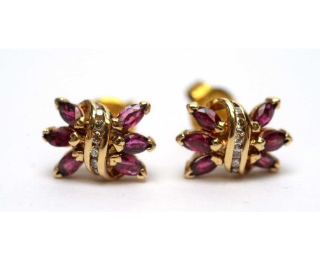 A pair of ruby and diamond earrings, in 9ct yellow gold mounts, post and butterfly fitting. 