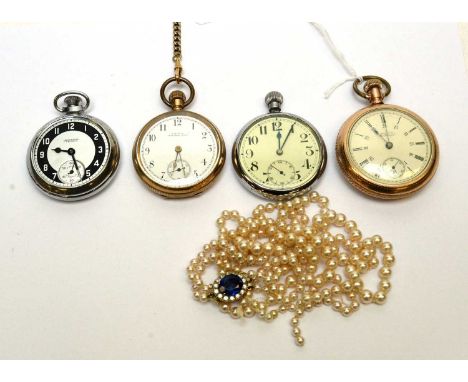 Four pocket watches: one by Waltham in gilt case with stag decoration; another Waltham in plain gilt case; and two others; to