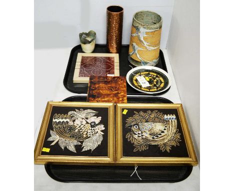 A selection of studio pottery and other decorative wares, including: pair of decorative wall tiles tubelined with birds and f
