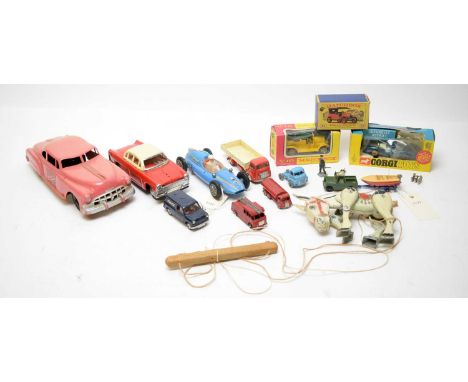 A collection of die-cast model cars and other vintage toys, including: Empire Toys Cooper racing car with driver; Lesney Petr