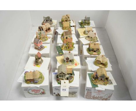 A collection of Lilliput Lane collectible cottages and other architectural sculptures, including: The Pigsty; The Toy Box; Wi