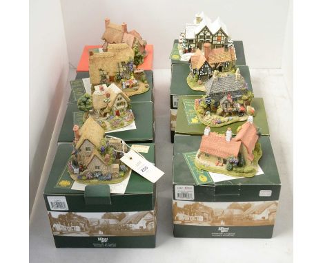A collection of Lilliput Lane collectible architectural sculptures, including: Flower Basket; Jamaica Inn; Strawberry Fields;
