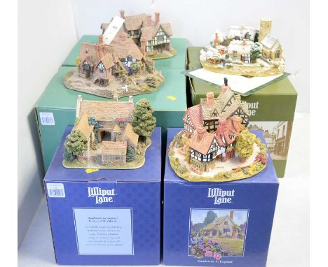 A collection of five Lilliput Lane collectible architectural sculptures, including: Tudor Court; The George Inn; Oakwood Smit