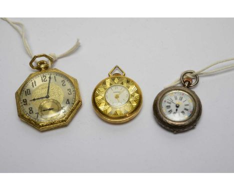 An Art Deco gilt cased pocket watch by Elgin; a silver cased fob watch with floral decorated white enamel dial; and another f