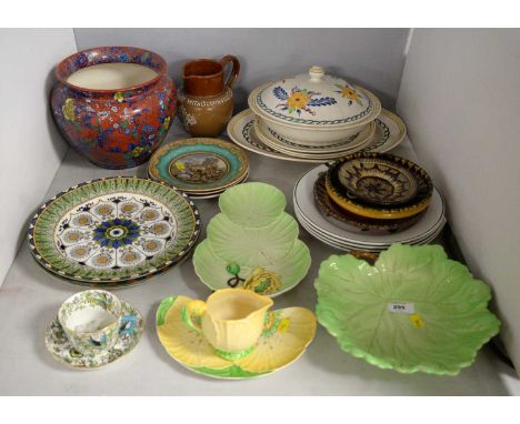 A selection of colourful decorative ceramic wares, including: various Carlton Ware leaf motif dishes; Carlton Ware leaf jug; 