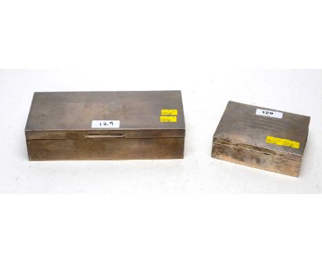 Two silver counted cigarette boxes, one with inscription, the other engine turned design. 