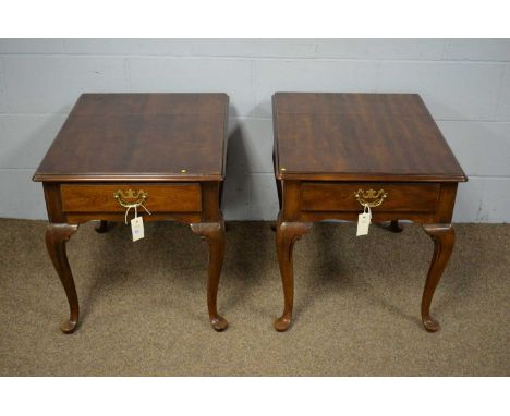 Drexel: a pair of 'Vintage Cherry' side/bedside tables, each fitted single drawer, raised on cabriole legs with pad feet, 20t