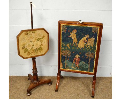 A 19th Century adjustable mahogany firescreen, with later needlework, fitted one vertically rising panel enclosed by two furt