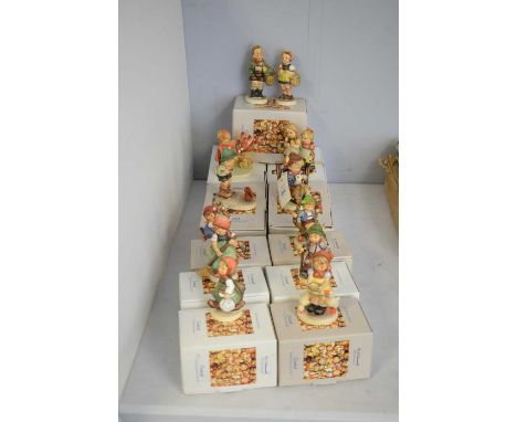 A collection of Goebel Hummel figures of children, including: Sensitive Hunter; She Loves Me, She Loves Me Not; and others, m