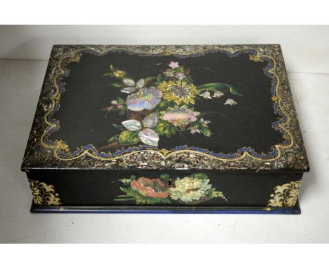 A Victorian inlaid and enamel decorated lacquered writing box, the hinged lid with abalone inlaid and colourfully enamelled f