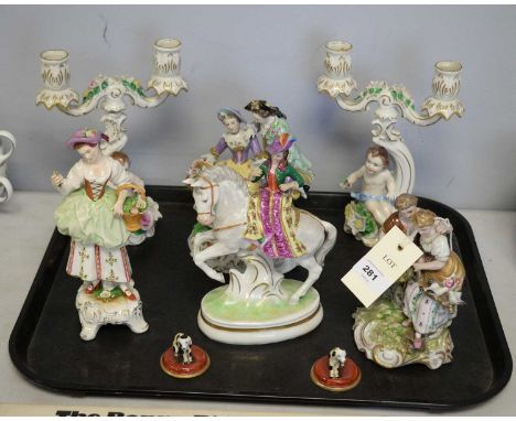 A selection of Continental decorative ceramic items, including: pair of Dresden candelabra moulded with flowers and putti; Si