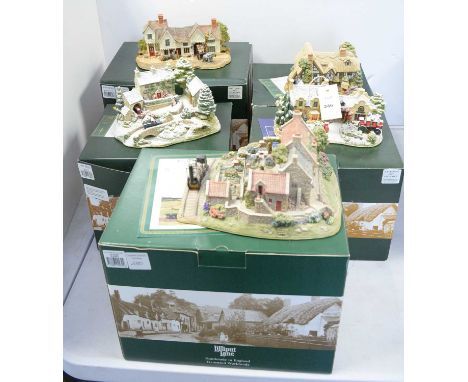 Three Lilliput Lane collectible musical architectural sculptures, including: Country Christmas; The Old Forge at Belton; and 