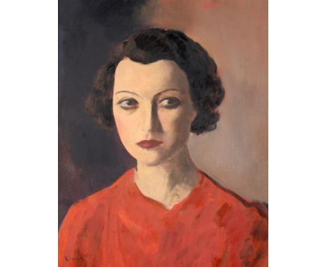 Jacob Kramer (1892-1962) Head and shoulders portrait of a woman wearing a red dress Signed, oil on board, 49cm by 39cm See il
