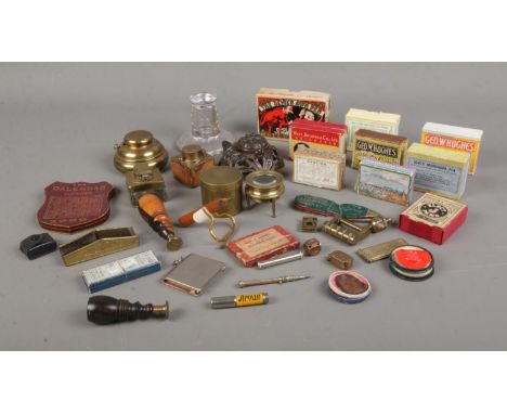 A quantity of ink wells and other writing tools and equipment including fountain pen tips in original boxes, wax seal stamps,
