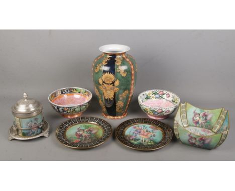 A quantity of Fantasia style ceramics. Includes two plates, bowl, lidded jar, large Regency Ironstone vase, etc.  Some wear a