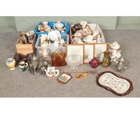 Four boxes of miscellaneous to include silver plate tea service, Toby jugs, art glass handbag, 1952 Gun Drill Ordnance guide,