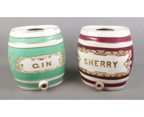 A ceramic gin barrel together with sherry example  