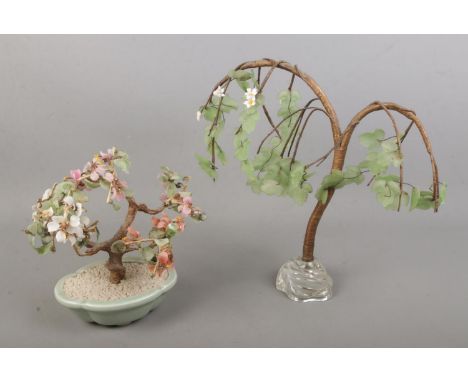 A nephrite jade and hardstone bonsai tree together with wirework and glass example  