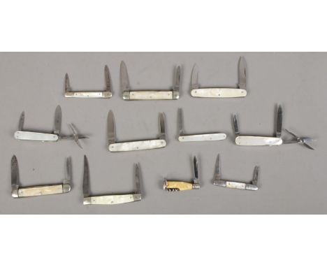 Eleven pocket knives with mother of pearl handles. Includes Hudson Knife Co, George Wostenholm, Richards, etc. CANNOT POST OV