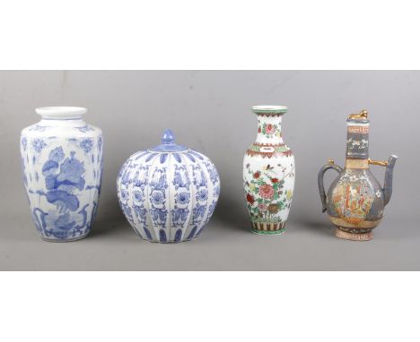 Four pieces of oriental ceramics, to include large blue and white pumpkin ginger jar, large vase and decorative teapot. Talle