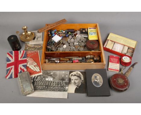 A tray of collectables. Includes coins, lighters, Constantia tape measure, Durbarry compact, marbles, Pokemon cards, monochro