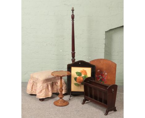 A collection of assorted furniture. Includes standard lamp, fire screens, magazine rack, small stool and table.  