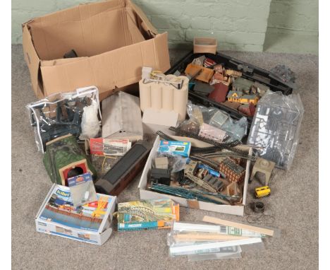 Two boxes of model railway scenery and buildings. Includes Triang, Fleischmann etc.  