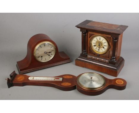 Two mantel clocks along with a Comitti of London barometer .Includes Fattorini 'Bugler' alarm clock, etc.  