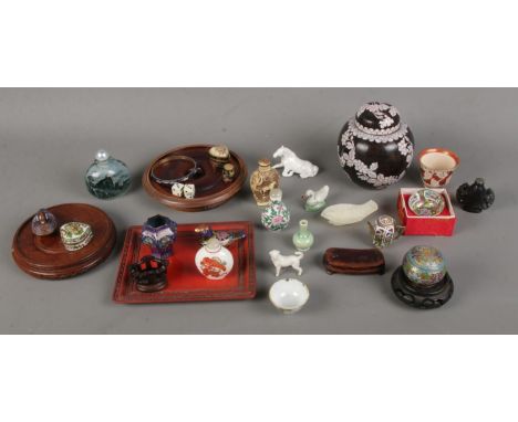 A box of oriental collectables to include cloisonne, miniatures, bangle, trinket boxes, etc.  