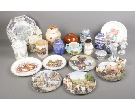 A box of assorted ceramics to include Danbury Mint cabinet plates, Ringtons, Palissy, etc.  