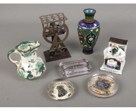 A quantity of mixed collectables including Mason's jug, cloisonnÃ© vase, glass advertising paperweights, postal letter scales