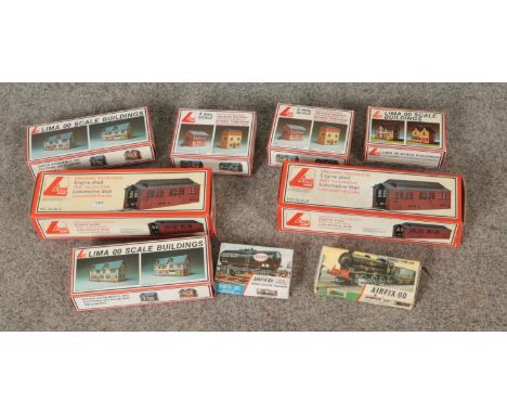 A collection of boxed Lima trackside buildings and accessories and Airfix to include OO buildings, two HO gauge Engine Sheds,