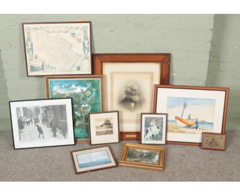 A quantity of paintings and prints. Includes Val Dillon watercolour, portrait depicting James Henry Barber, map,  etc.  