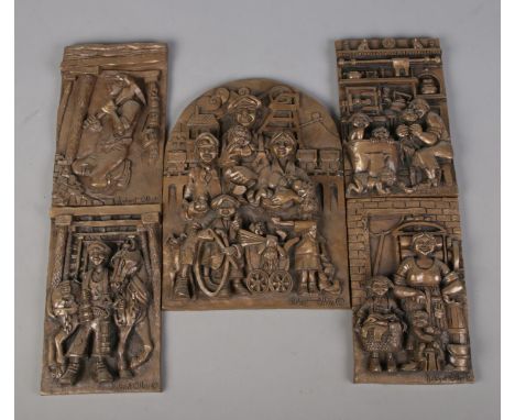 Five cold cast sculpture wall plaques by Robert Olley depicting family portrait and mining scenes.  