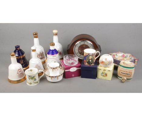 A mixed quantity of collectable including bells whisky decanters (empty) various ceramics including Royal Winton, Royal Doult
