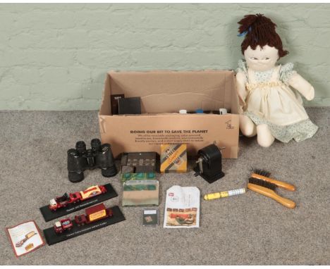 A large box of collectables. Includes Zenith binoculars, Atlas Editions diecast models, The Imperforate Penny Red, printing b