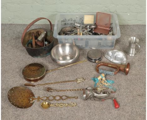 A box of metalwares. Includes copper &amp; brass bugle, jam pan, cutlery, casters, companion set, rabbit jelly mould etc.  