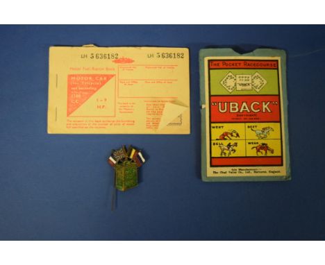 Automobilia: a vintage 'Pratt's Perfection Spirit' enamel pin badge; together with a 'Motor Fuel Ration Book', no. LH5636182;