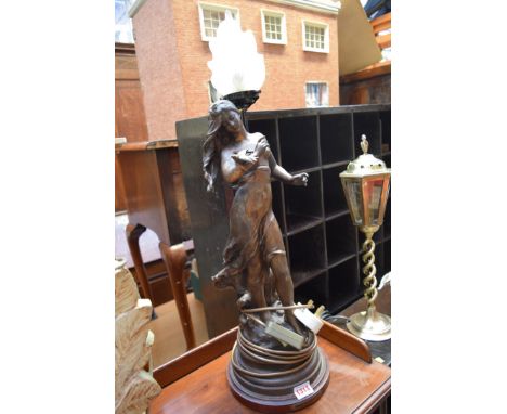 A spelter figural table lamp, total height including shade 64cm. 