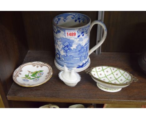 A William IV blue and white pottery Imperial measure; together with an opaque white glass small hen on basket, probably Sower