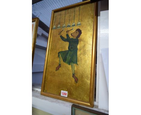 Pauline Kraay, Hinterglas painting of a musician from a German 12th century manuscript, 42 x 22cm.  