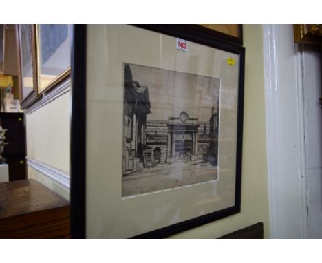 Tom Maxwell, a railway station, signed in pencil, etching, pl.24.5 x 25cm. 