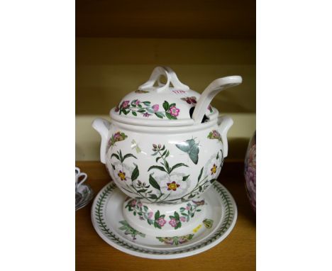A Portmeirion 'Botanic Garden' pattern twin handled sauce tureen, cover, stand and ladle. 