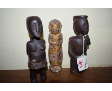 Ethnographica: a pair of tribal carved wood figures, labelled 'Ngoni, Tonga', 20.5cm high; together with a In Indian polychro