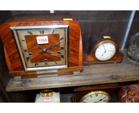 A 1930s walnut Westminster chiming mantel clock, 27.5cm wide; together with another timepiece. 