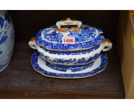 A Royal Worcester twin handled sauce tureen, cover and stand, in the aesthetic style. 