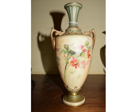 A Royal Worcester blush ivory twin handled vase, circa 1897, 21cm high; together with a Coalport ewer, painted with a view of